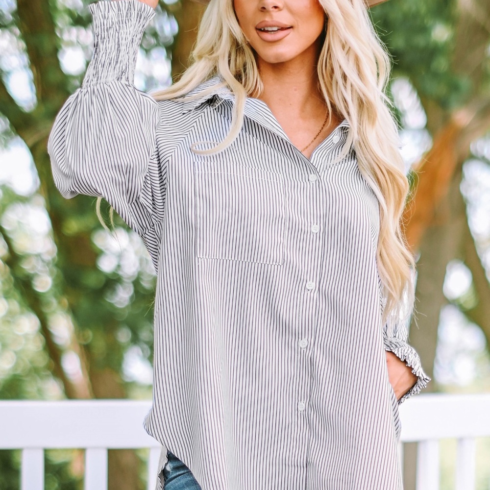 Smocked Cuffed Striped Boyfriend Shirt with Pocket - Picture 5 of 14